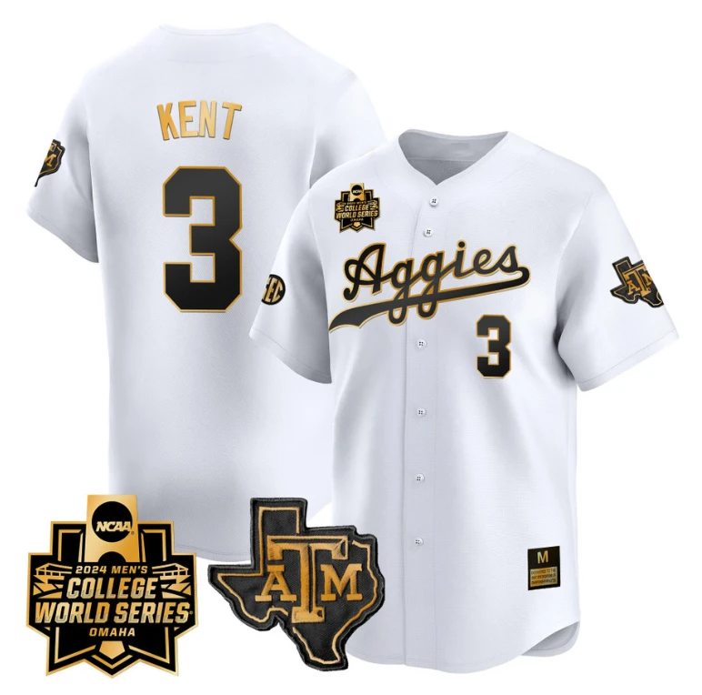 Kaeden Kent Jersey #3 Texas AM Aggies 2024 College World Series Vapor Premier Limited NCAA Baseball Stitched White Gold by My Store
