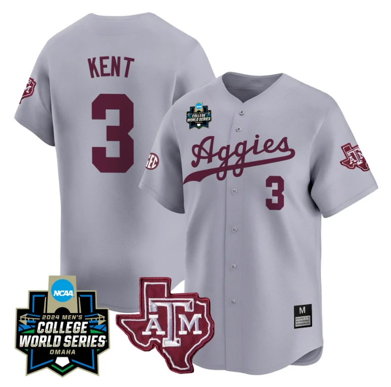Kaeden Kent Jersey #3 Texas AM Aggies 2024 College World Series Vapor Premier Limited NCAA Baseball Stitched Gray by My Store