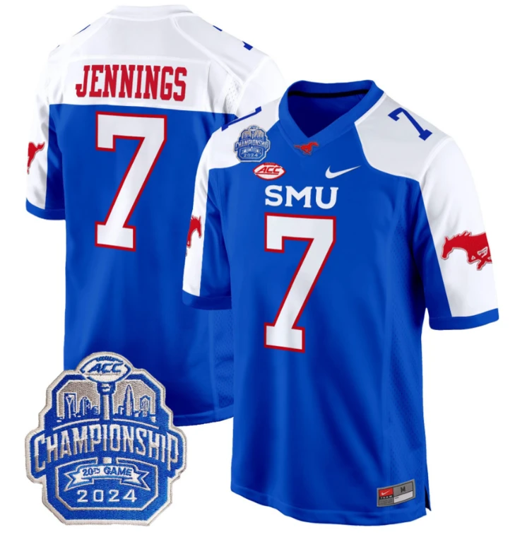 Kevin Jennings Jersey #7 SMU Mustangs 2024 ACC Championship Patch Blue Alternate by My Store