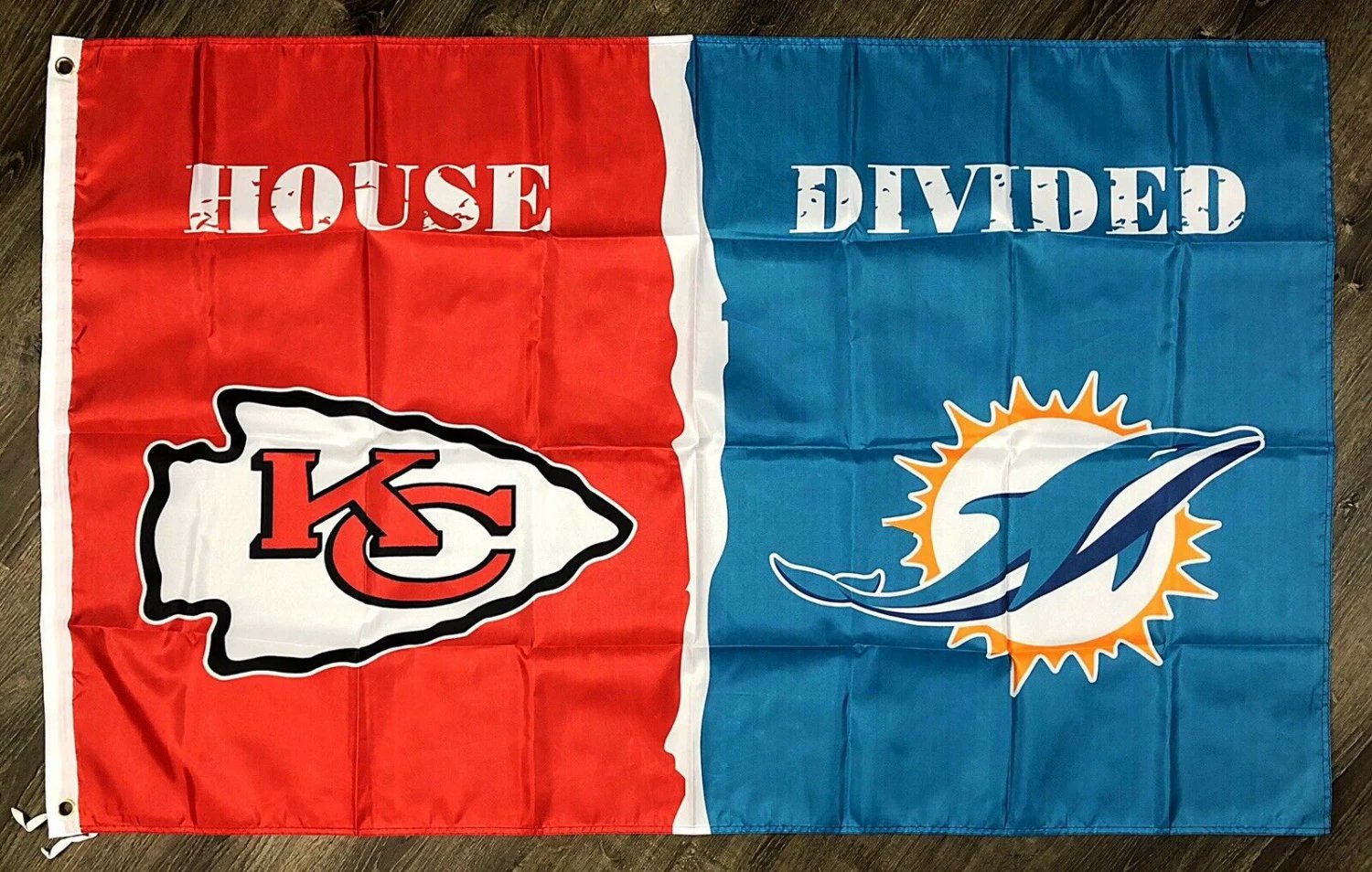Kansas City Chiefs vs Miami Dolphins House Divided Flag 3x5 ft Sports Banner by flagsjustdoit