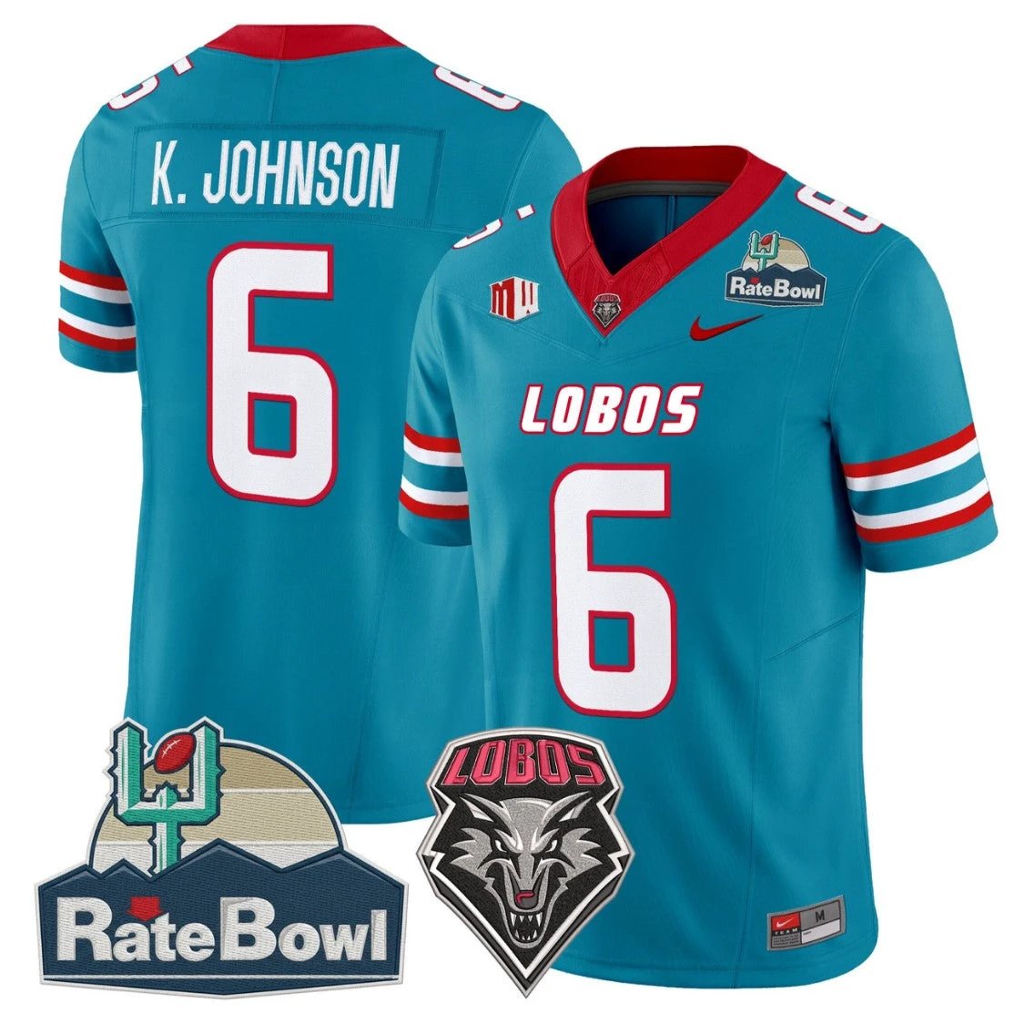 Keagan Johnson Jersey #6 New Mexico Lobos 2025 Rate Bowl Vapor Stitched Turqoise by NCAA Football Jersey