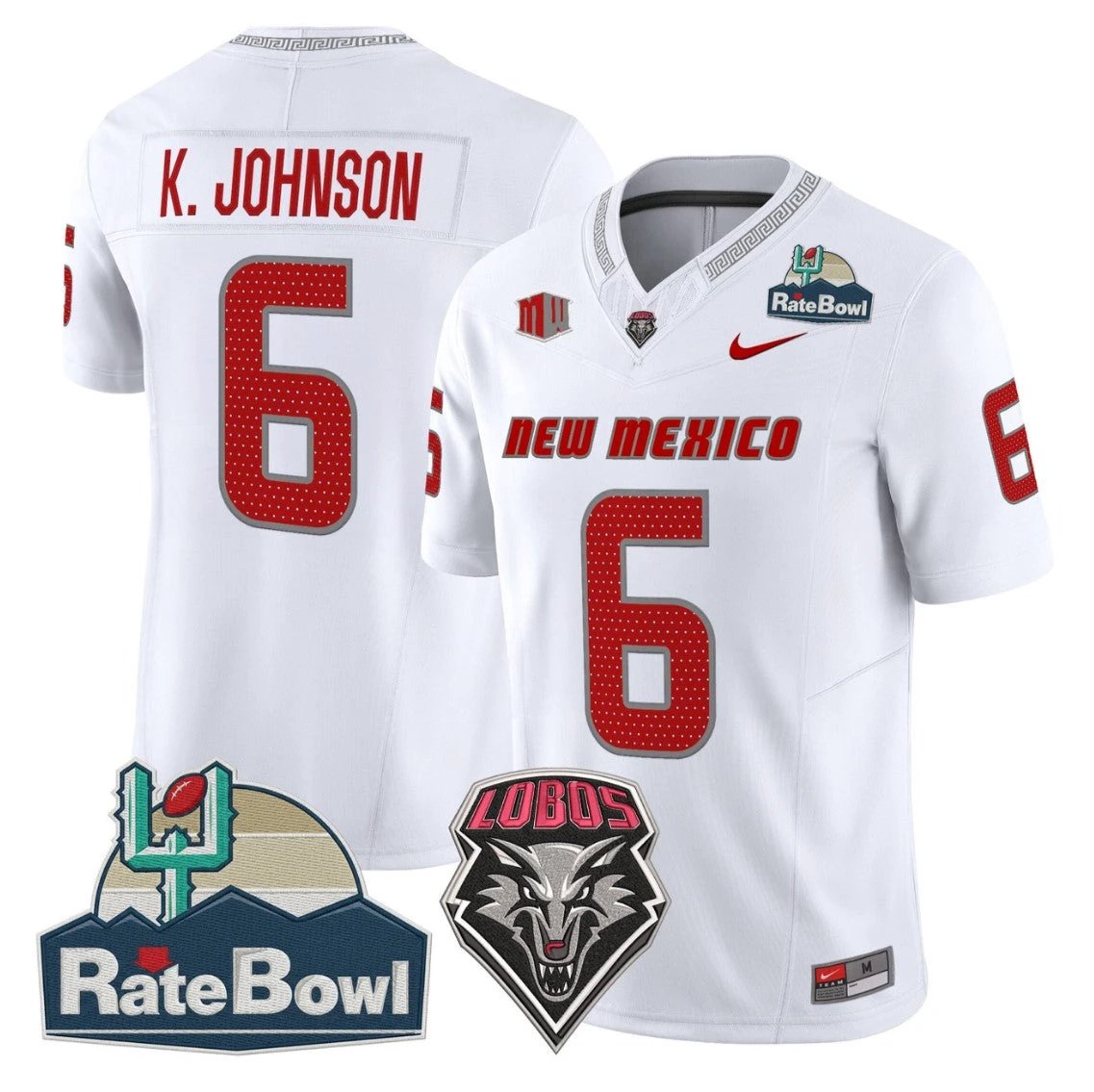 Keagan Johnson Jersey #6 New Mexico Lobos 2025 Rate Bowl Vapor Stitched White by NCAA Football Jersey