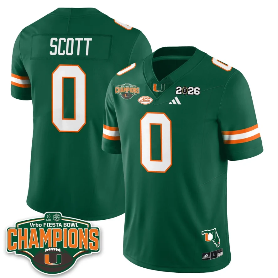 Keionte Scott Jersey #0 Miami Hurricanes 2026 Fiesta Bowl Champions Stitched by My Store NCAA Football Jerseys
