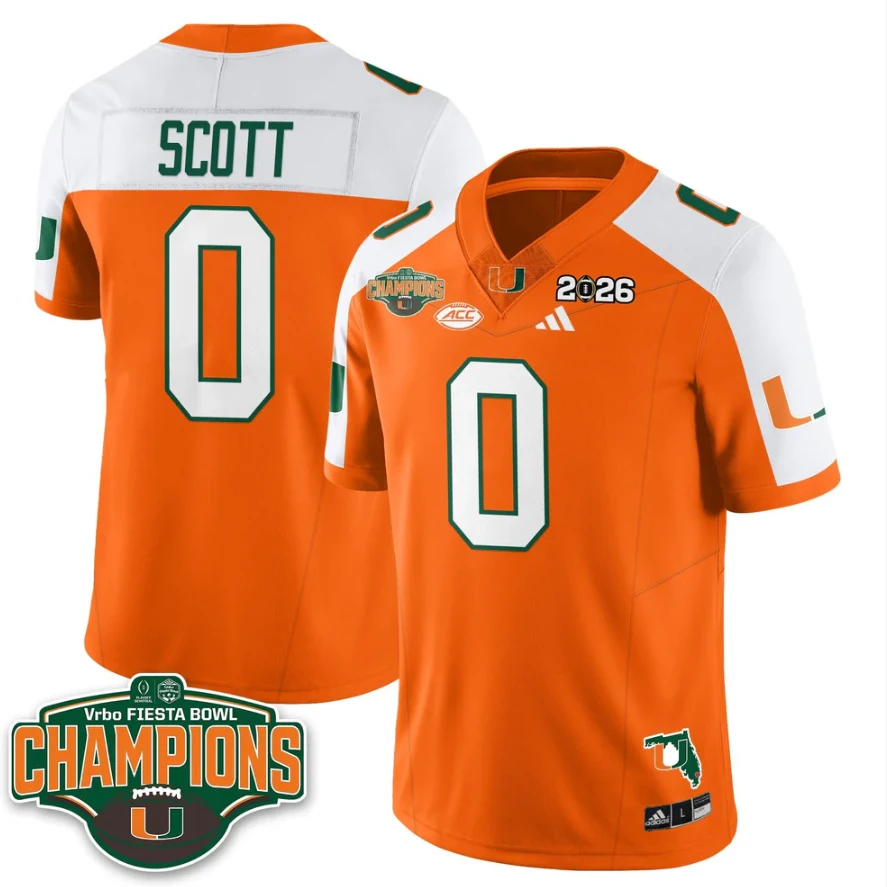 Keionte Scott Jersey #0 Miami Hurricanes 2026 Fiesta Bowl Champions Stitched by My Store NCAA Football Jerseys