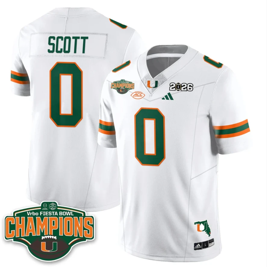 Keionte Scott Jersey #0 Miami Hurricanes 2026 Fiesta Bowl Champions Stitched by My Store NCAA Football Jerseys