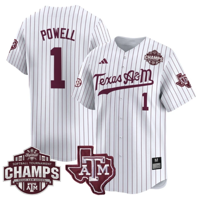 Kennedy Powell Jersey #1 Texas A&M Aggies 2025 SEC Champions Patch Limited Stitched White Pinstripe by My Store