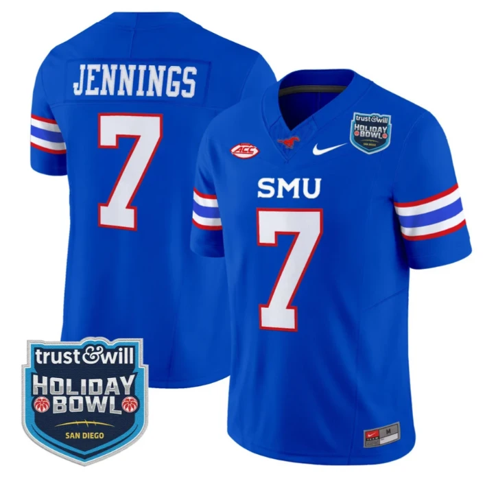 Kevin Jennings Jersey #7 SMU Mustangs 2026 Holiday Bowl Patch Stitched Blue by My Store NCAA Football Jerseys