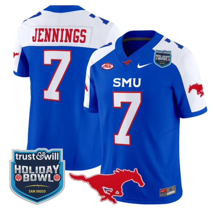 Kevin Jennings Jersey #7 SMU Mustangs 2026 Holiday Bowl Patch Stitched Blue Alternate by My Store NCAA Football Jerseys