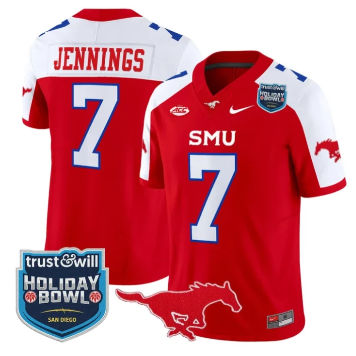 Kevin Jennings Jersey #7 SMU Mustangs 2026 Holiday Bowl Patch Stitched Red Alternate by My Store NCAA Football Jerseys