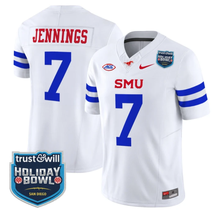 Kevin Jennings Jersey #7 SMU Mustangs 2026 Holiday Bowl Patch Stitched White by My Store NCAA Football Jerseys