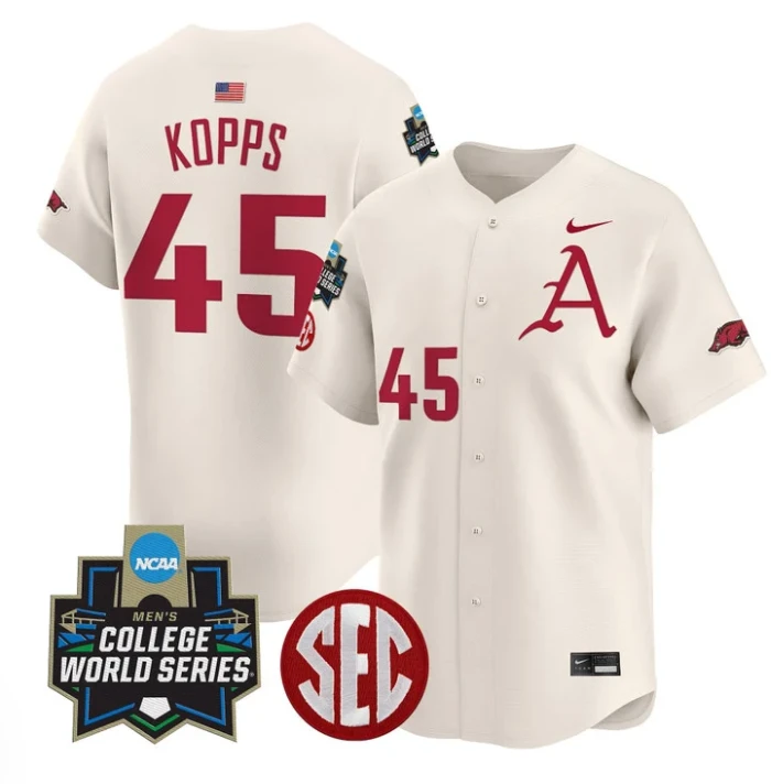 Kevin Kopps Jersey #45 Arkansas Razorbacks 2025 World Series Stitched Cream by My Store