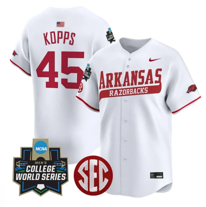 Kevin Kopps Jersey #45 Arkansas Razorbacks 2025 World Series Stitched White by My Store