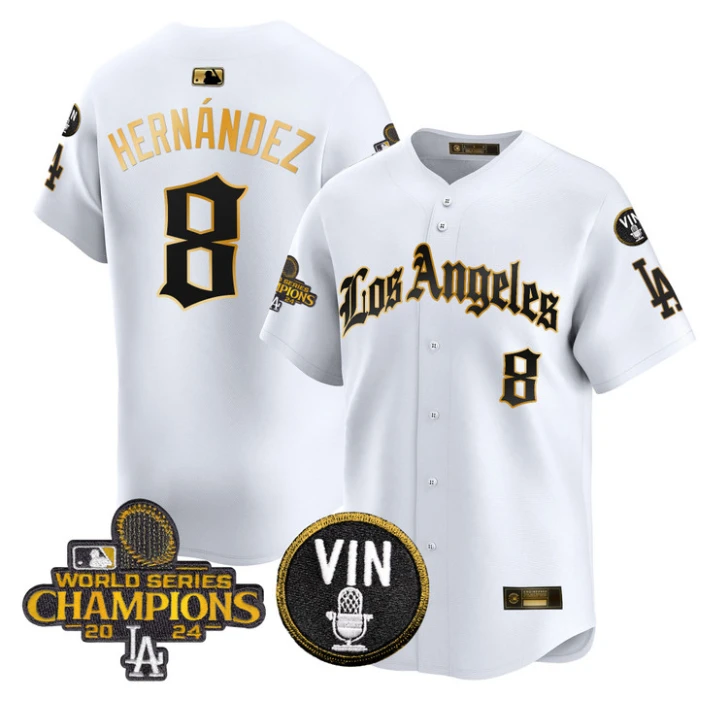 Kike Hernandez Jersey #8 Dodgers 2025 LA Gothic Style Stitched White Gold by My Store