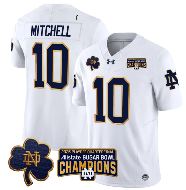 Kris Mitchell Jersey #10 Notre Dame 2025 Sugar Bowl Champions Patch White by NCAA Football Jersey