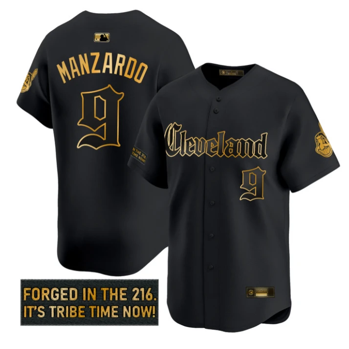 Kyle Manzardo Jersey #9 Cleveland Indians Gothic Iron Edition Stitched Black Gold by My Store