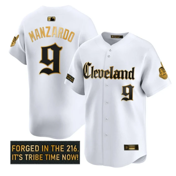 Kyle Manzardo Jersey #9 Cleveland Indians Gothic Iron Edition Stitched White Gold by My Store