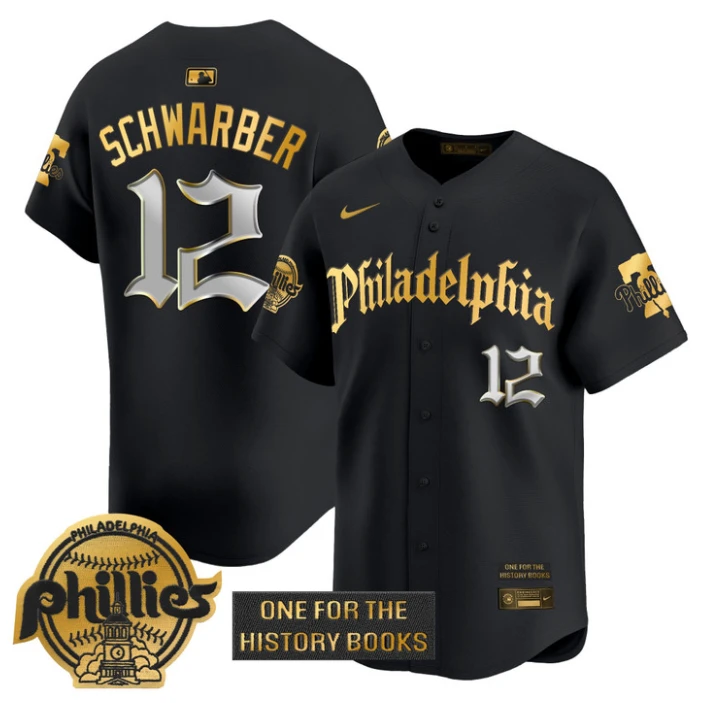 Kyle Schwarber Jersey #12 Phillies Retro Newspaper Edition Gold Vapor Premier Stitched Black Gold by My Store