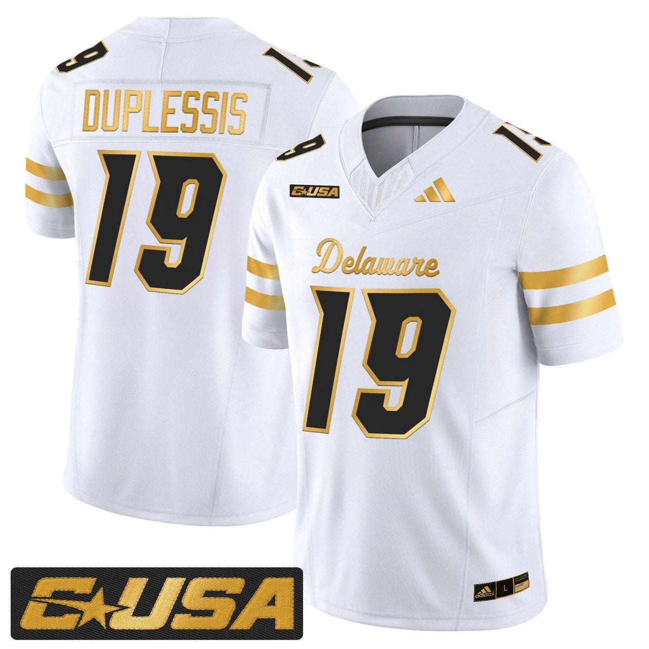 Kyre Duplessis Jersey #19 Delaware Blue Hens 2025 Gold Stitched by My Store NCAA Football Jerseys