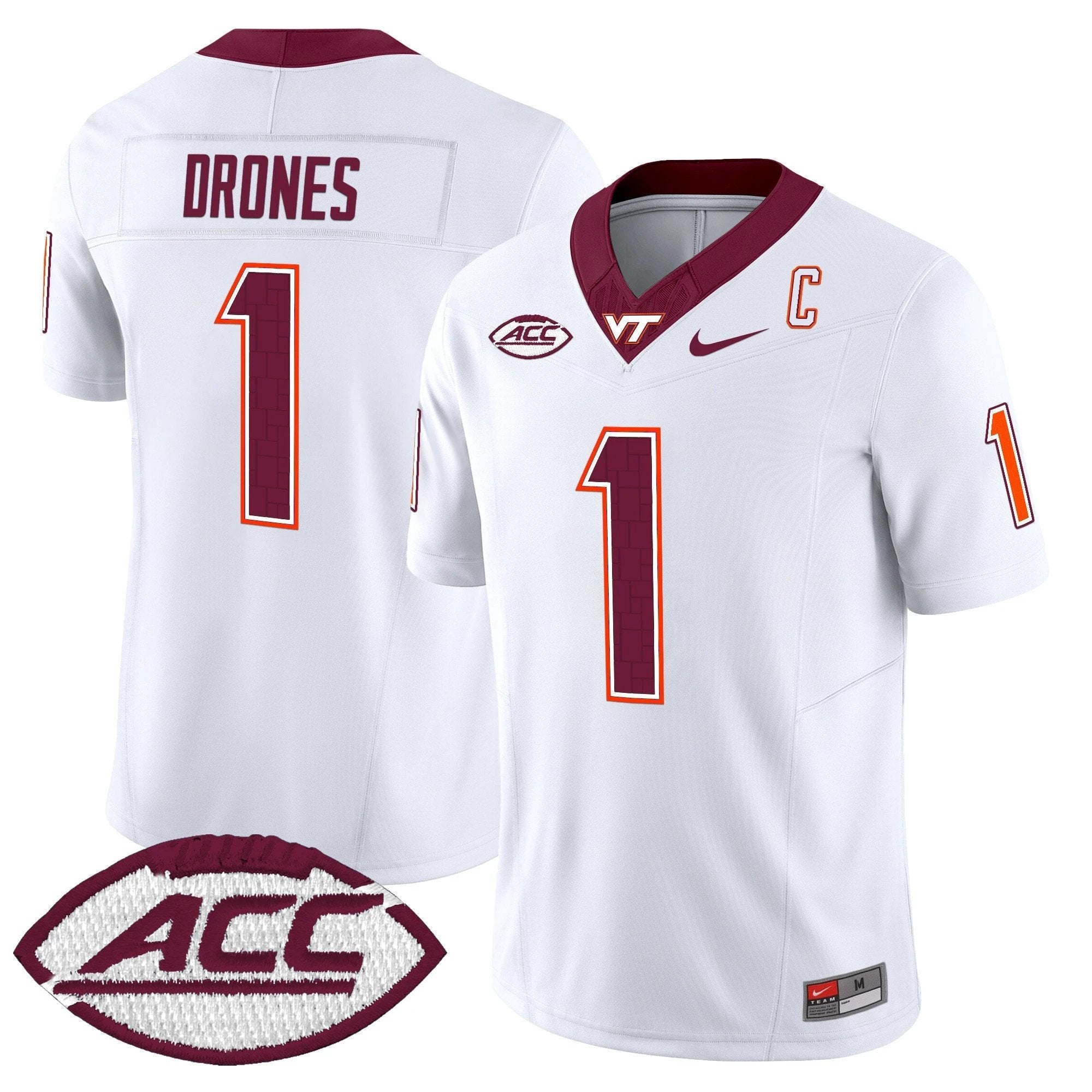 Kyron Drones Jersey #1 Virginia Tech Hokies 2025 Stitched White by NCAA Football Jersey