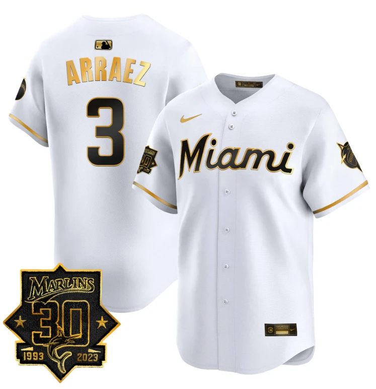 Luis Arraez Jersey #3 Miami Marlins 30 Seasons Anniversary Patch Limited Stitched White Gold by My Store