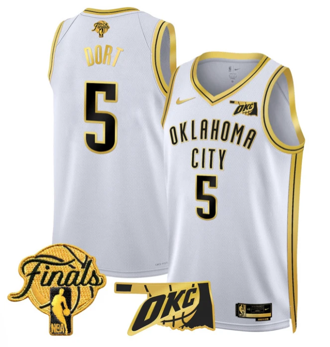 Luguentz Dort Jersey # 5 Oklahoma City Thunder 2025 Finals Swingman Stitched White Gold by My store basketball