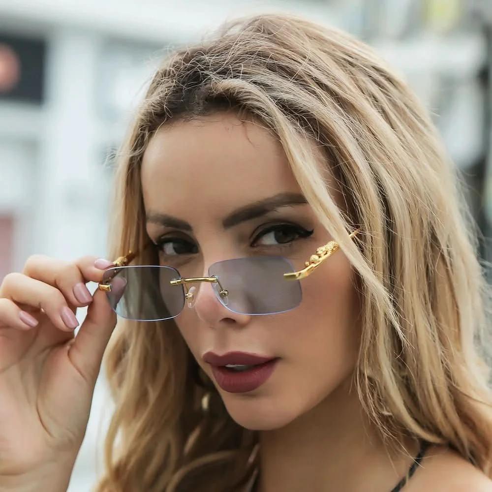 Rimless sunglasses with leopard head design and UV400 protection by BowLift