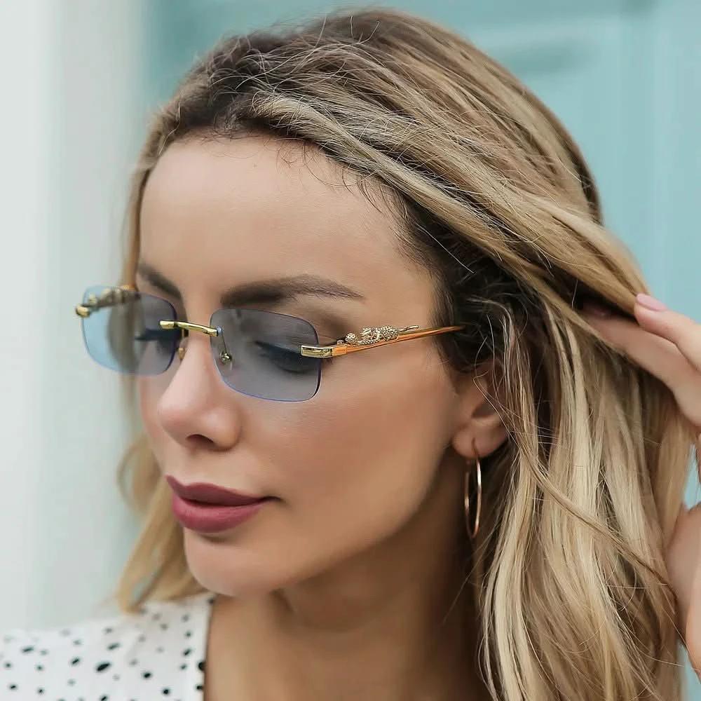 Rimless sunglasses with leopard head design and UV400 protection by BowLift