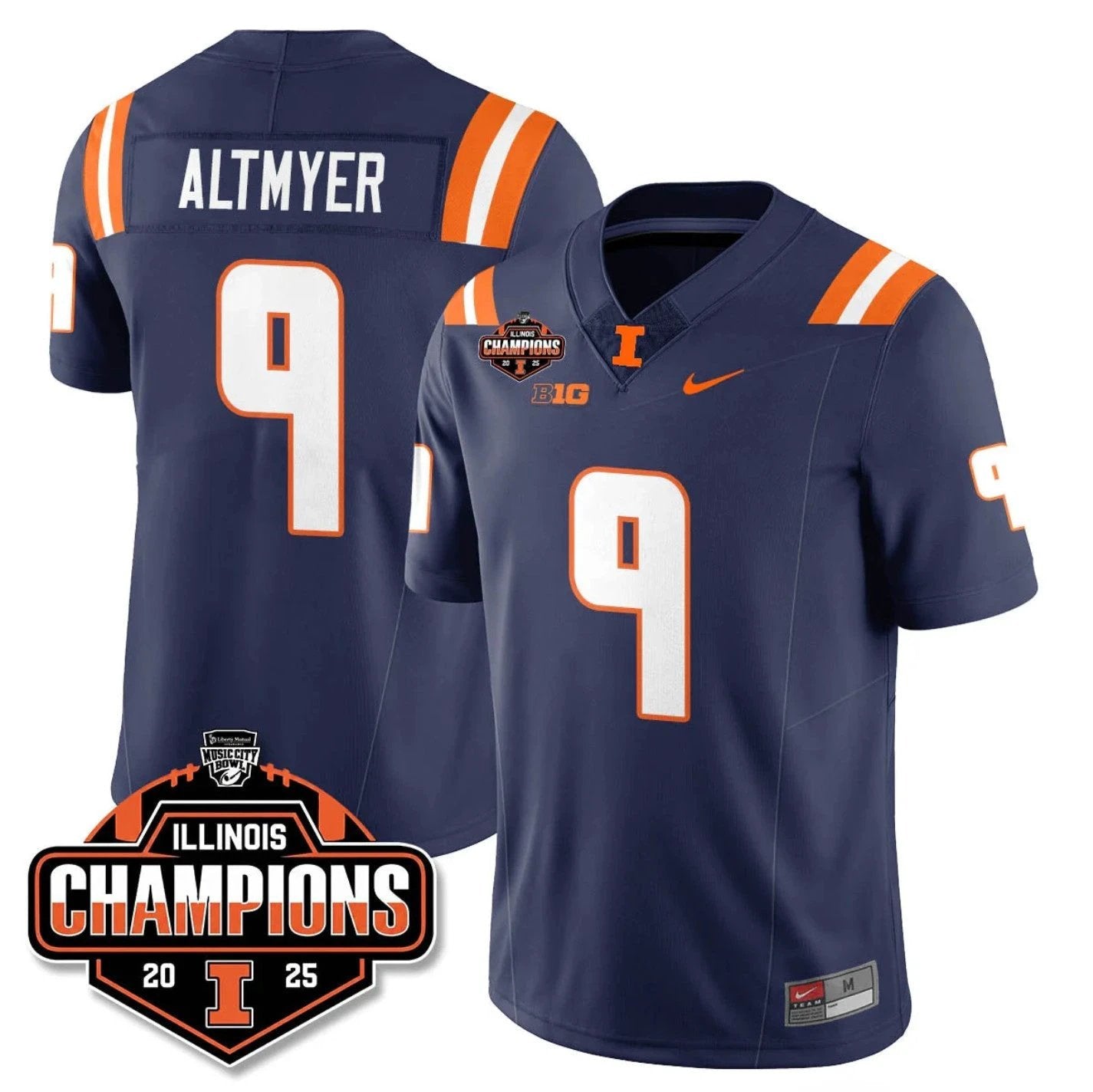 Luke Altmyer Jersey #9 Illinois Fighting 2025 Music City Bowl Champions Navy by NCAA Football Jersey