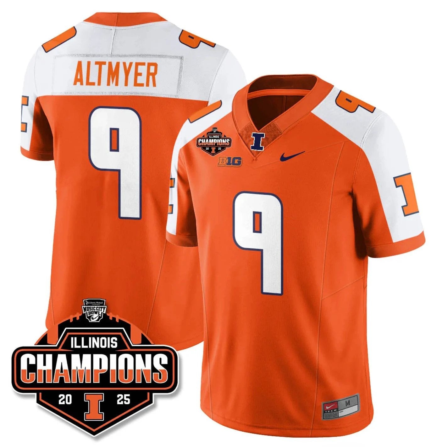 Luke Altmyer Jersey #9 Illinois Fighting 2025 Music City Bowl Champions Stitched by My Store NCAA Football Jerseys