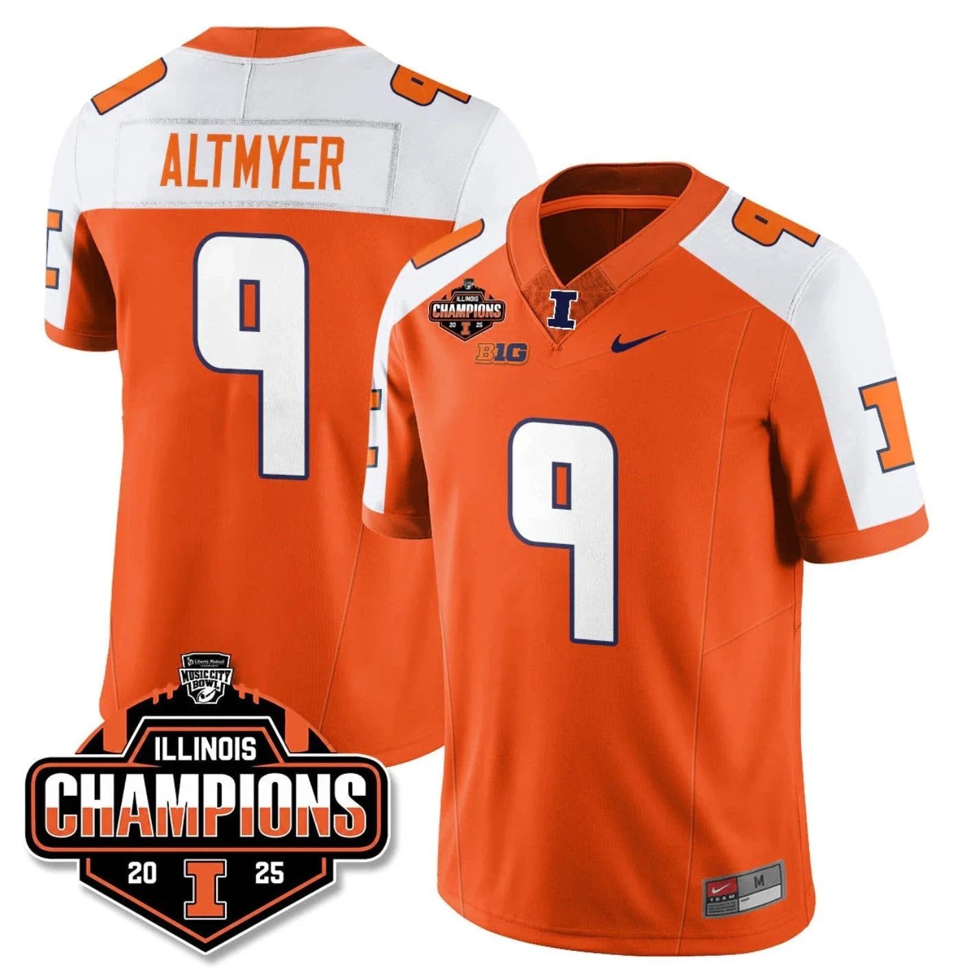 Luke Altmyer Jersey #9 Illinois Fighting 2025 Music City Bowl Champions Orange Alternate by NCAA Football Jersey