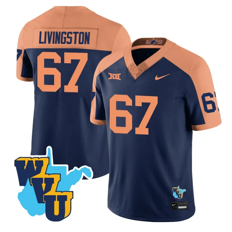 Landen Livingston Jersey #67 West Virginia Mountaineers 1965-2025 Throwback Navy Alternate by NCAA Football Jersey