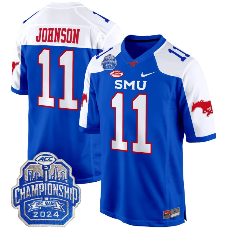 LJ Johnson Jr Jersey #11 SMU Mustangs 2024 ACC Championship Patch Blue Alternate (Copy) by My Store