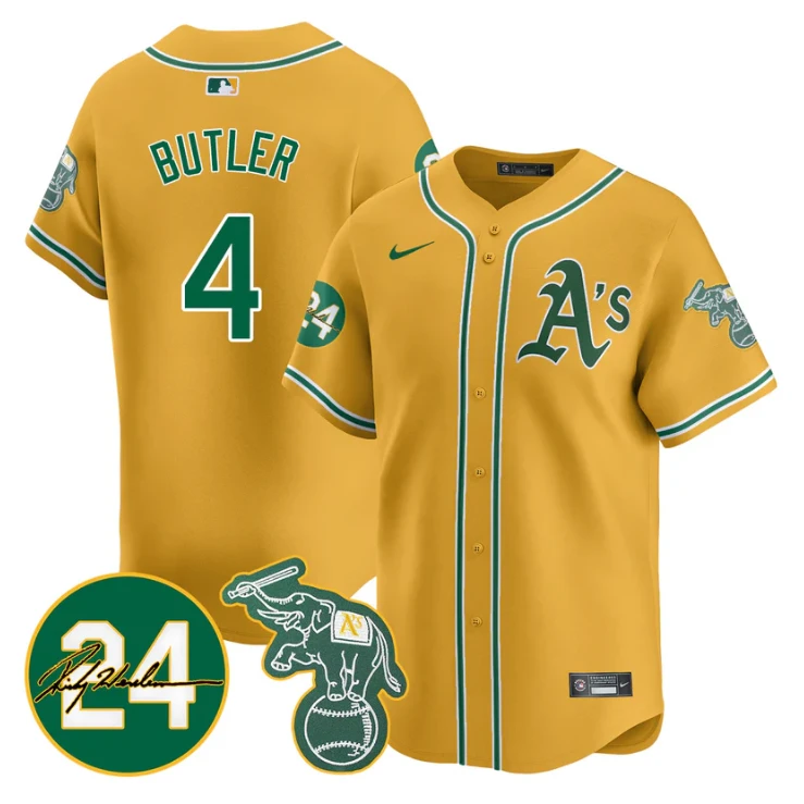 Lawrence Butler Jersey #4 Oakland Athletics 2025 Rickey Henderson Memorial Stitched Yellow by My Store
