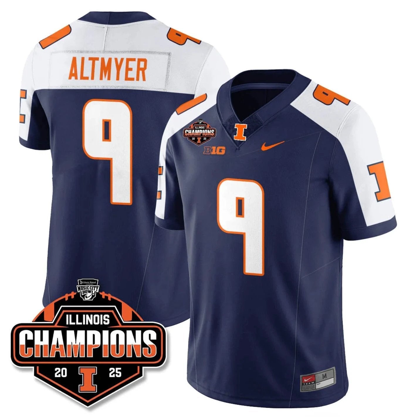 Luke Altmyer Jersey #9 Illinois Fighting 2025 Music City Bowl Champions Navy Alternate by NCAA Football Jersey