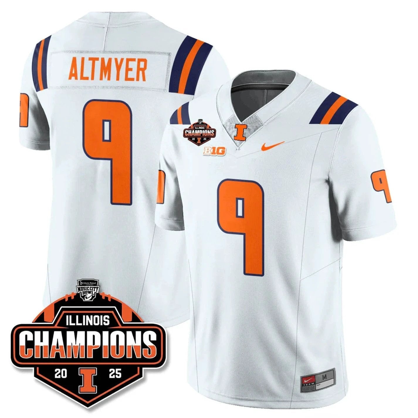 Luke Altmyer Jersey #9 Illinois Fighting 2025 Music City Bowl Champions White by NCAA Football Jersey