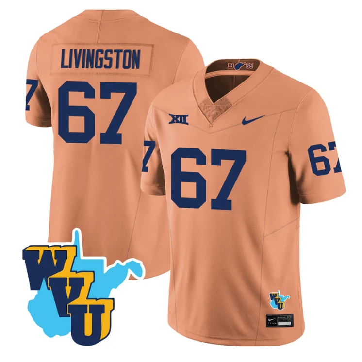 Landen Livingston Jersey #67 West Virginia Mountaineers 1965-2025 Throwback Gold by NCAA Football Jersey