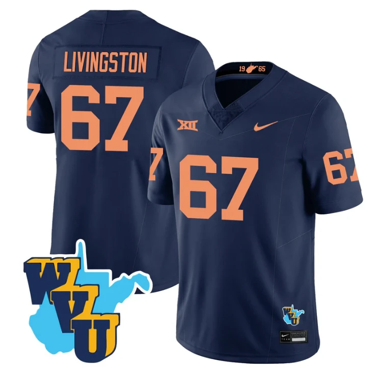 Landen Livingston Jersey #67 West Virginia Mountaineers 1965-2025 Throwback Navy by NCAA Football Jersey