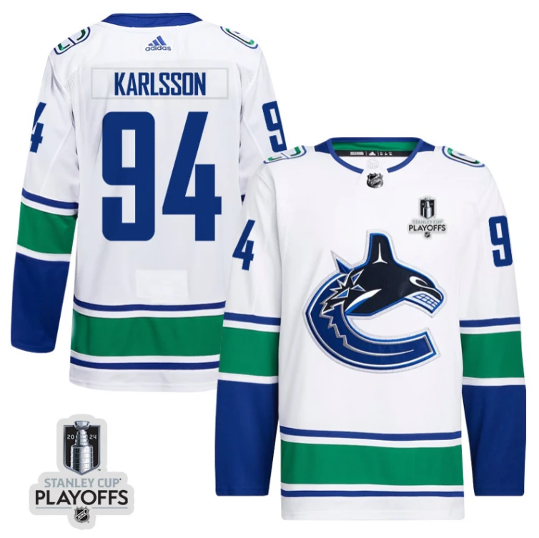 Linus Karlsson 94 Vancouver Canucks 2024 NHL Playoffs Patch Away Jersey - Men, White by Hockey David