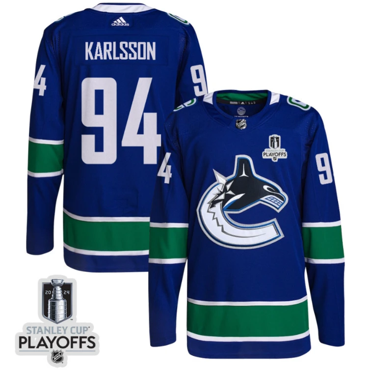 Linus Karlsson 94 Vancouver Canucks 2024 NHL Playoffs Patch Home Jersey - Men, Blue by Hockey David
