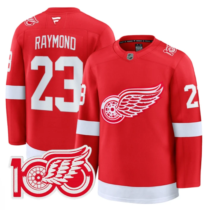 Lucas Raymond Jersey #23 Detroit Red Wings 100th Anniversary Stitched Red by Hockey David