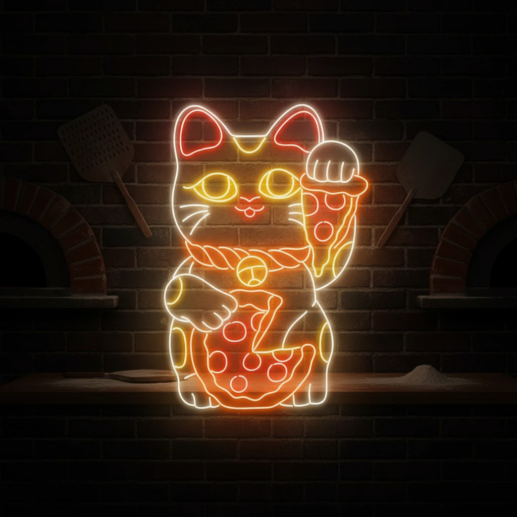 Lucky Cat Eating Pizza Neon Sign Restaurant Wall Decor by Neonchics