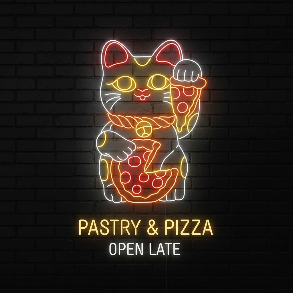 Lucky Cat Eating Pizza Neon Sign Restaurant Wall Decor by Neonchics