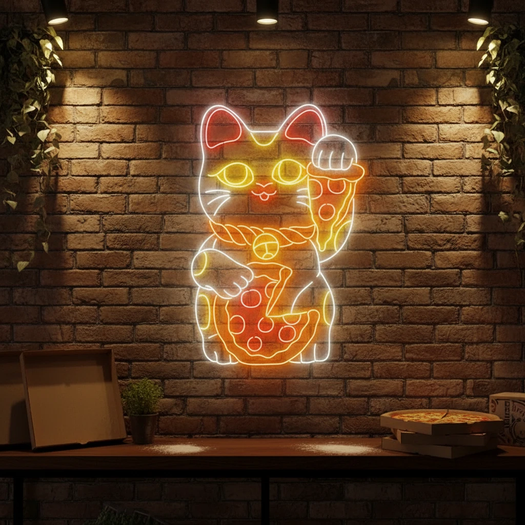 Lucky Cat Eating Pizza Neon Sign Restaurant Wall Decor by Neonchics