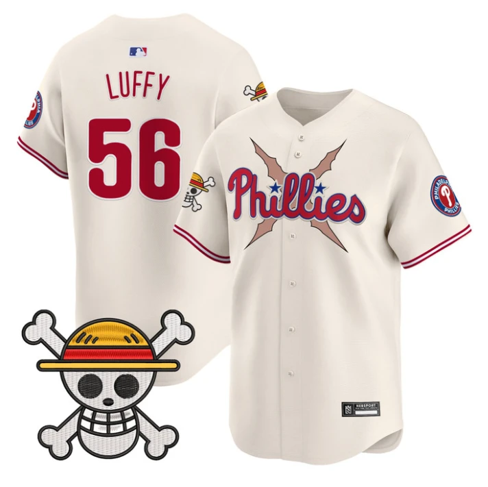 Luffy Jersey #56 Philadelphia Phillies One Piece 2025 Limited Stitched Cream by My Store