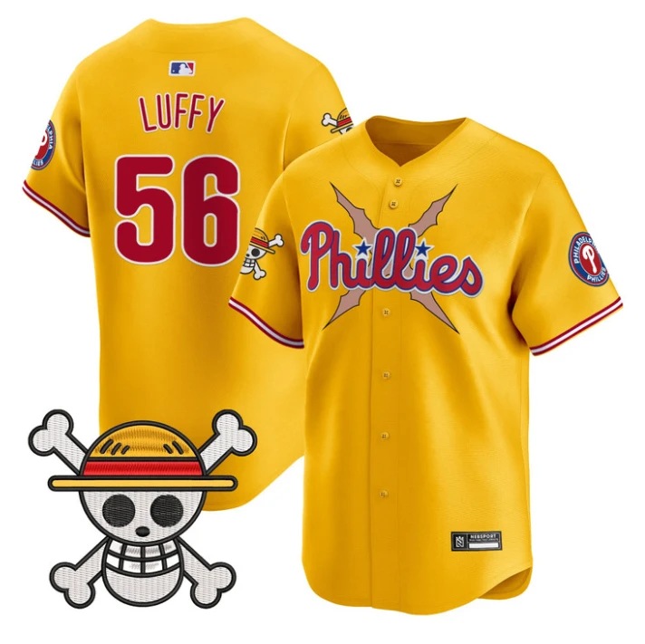 Luffy Jersey #56 Philadelphia Phillies One Piece 2025 Limited Stitched Gold by My Store