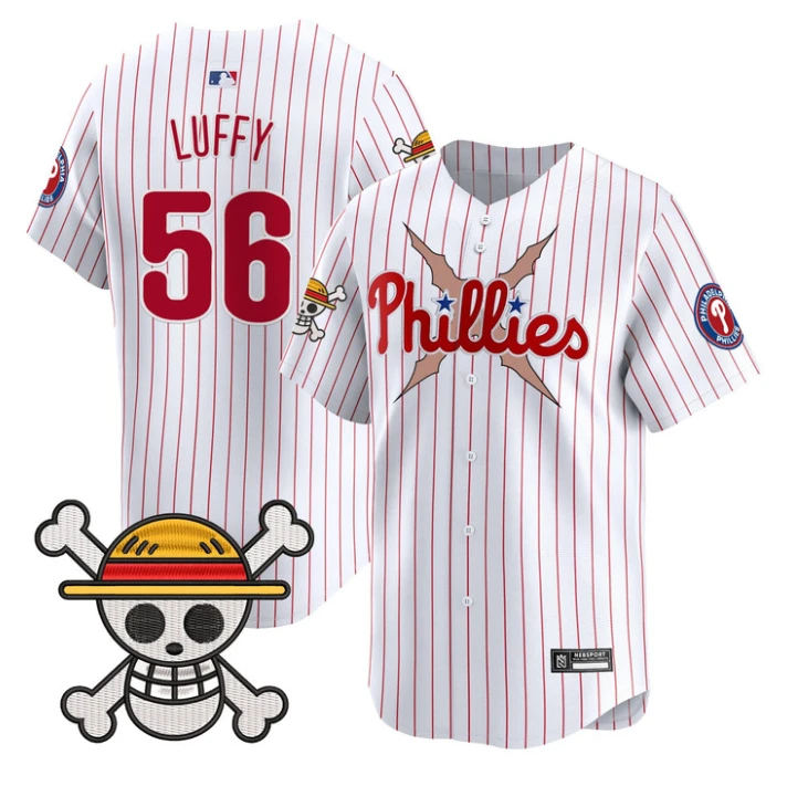 Luffy Jersey #56 Philadelphia Phillies One Piece 2025 Limited Stitched Stripes by My Store
