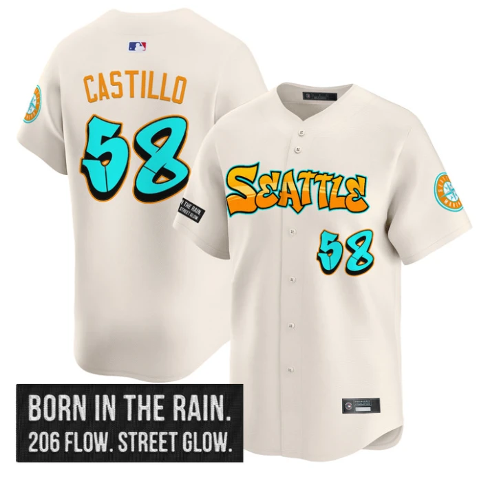 Luis Castillo Jersey #58 Seattle Mariners Graffiti Emerald Drop Edition Cream by My Store