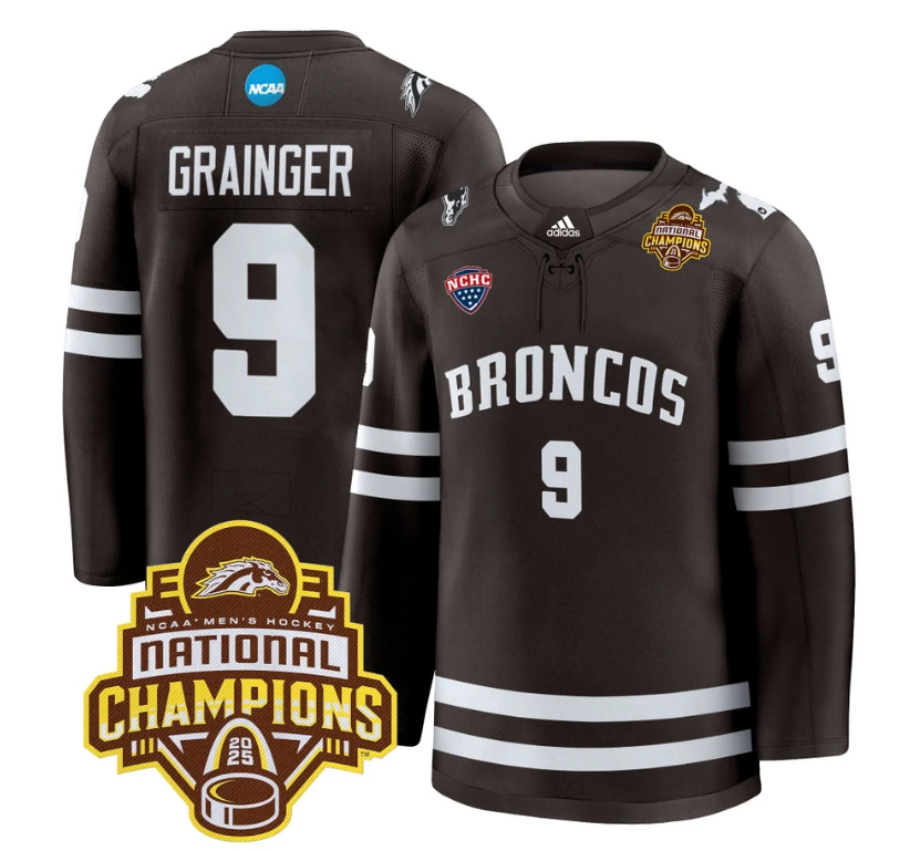 Luke Grainger Jersey #9 Western Michigan Broncos 2025 National Champions Patch Stitched Brown by Hockey David