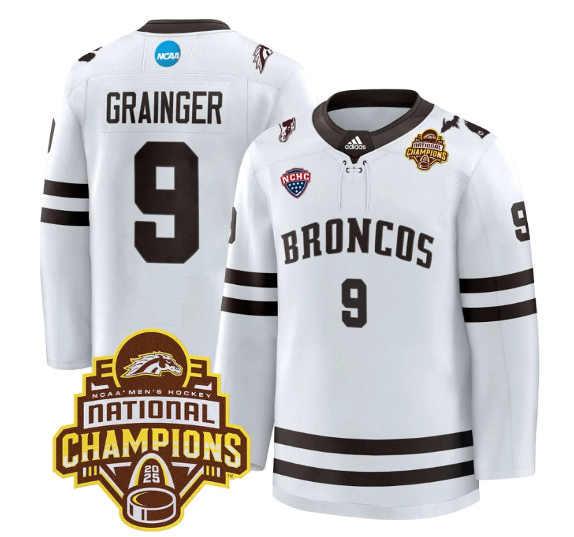 Luke Grainger Jersey #9 Western Michigan Broncos 2025 National Champions Patch Stitched White by Hockey David