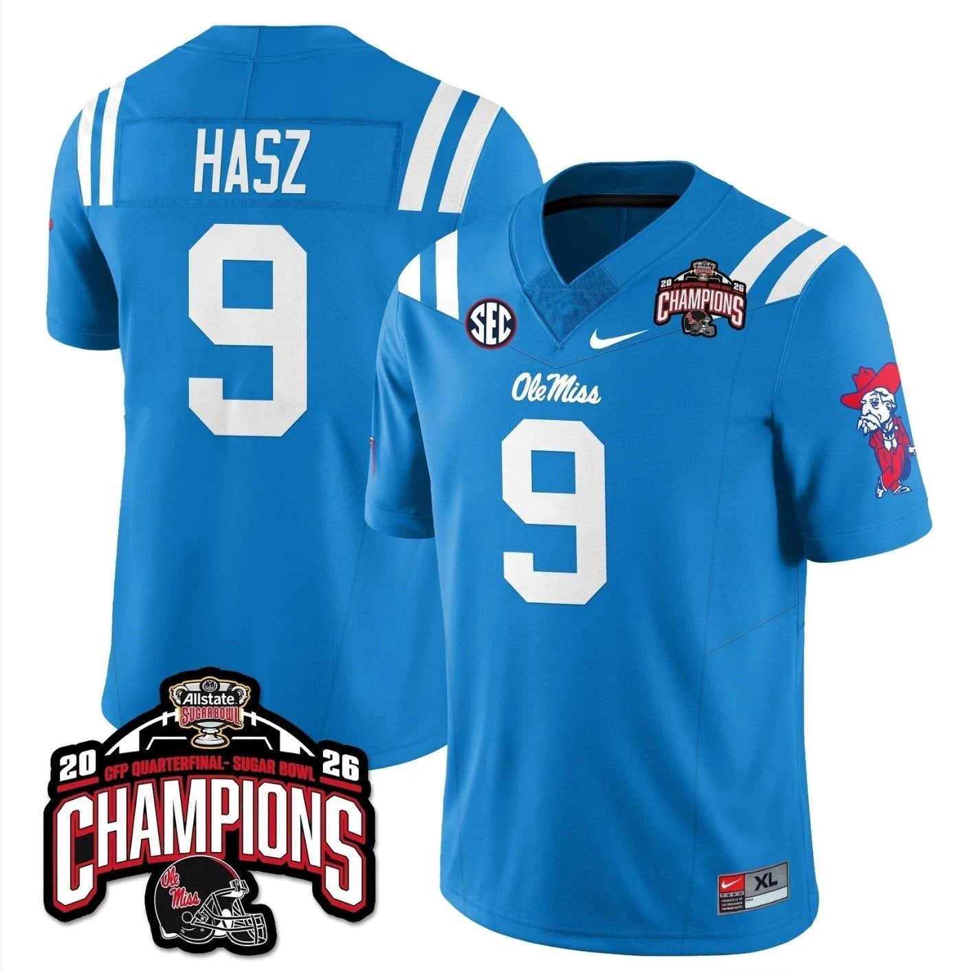 Luke Hasz Jersey #9 Ole Miss Sugar Bowl Champions Patch Stitched Blue by NCAA Football Jersey